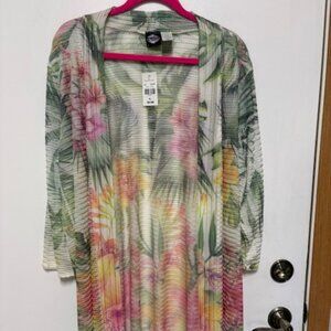 NWT CALSTYLE WOMENS FLORAL MESH OPEN 37"L CARDIGAN. SZ. XXL